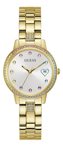 Reloj Guess Sugar Para Dama Correa Dorado Bisel Plateado Fondo Plateado