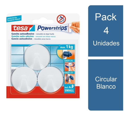 Pack 4x3 Ganchos Adhesivos Powerstrips Circular Blanco Tesa