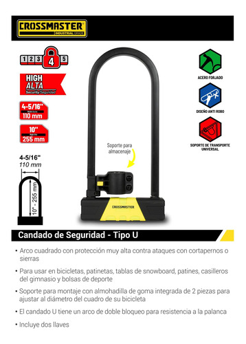 Imagen 2 de 4 de Candado De Seguridad Tipo U 110 Mm Crossmaster 9933406