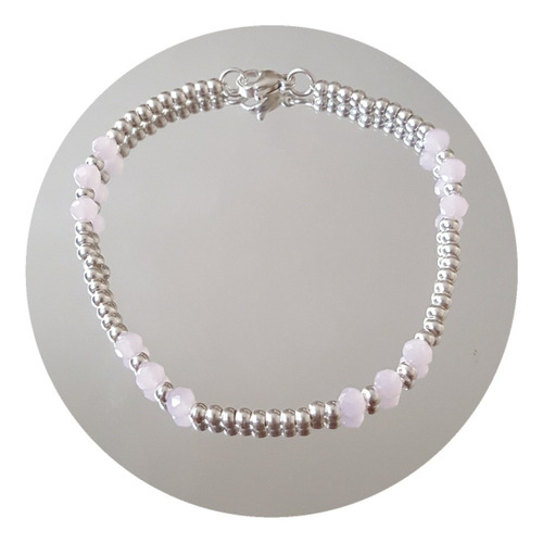 Pulsera De Acero Blanco Con Bolitas Rosas De Cristal.