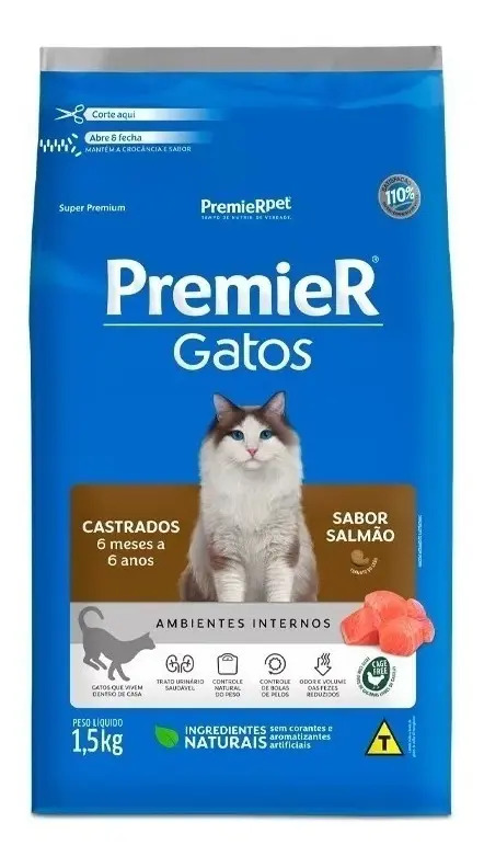 Alimento Premier Super Premium Castrados 6 meses até 6 anos para gato adulto de raza todos os tamanhos sabor salmão