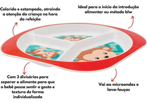 Imagem 2 de 7 de Prato Infantil Bebê Alimentação Com 3 Divisórias Estampado