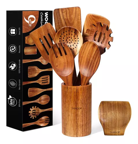 Juego de utensilios de cocina de madera de teca natural de 9 piezas con  soporte para cucharas - Cucharas de cocina y soporte para utensilios de  agarre