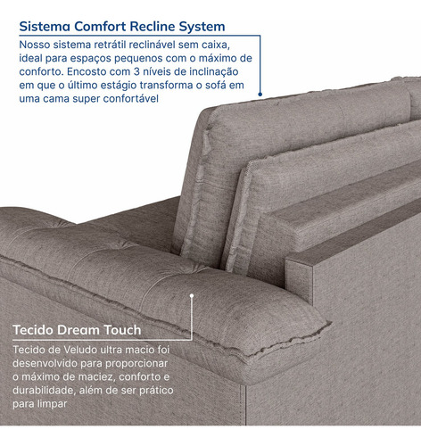 Sofá Cama Retrátil E Reclinável 4 Lugares 240cm Linho Com