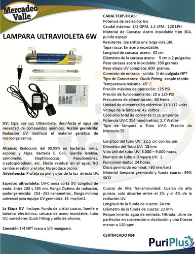 Filtro De Agua 4 Etapas Lampara Ultravioleta Uv Germicida