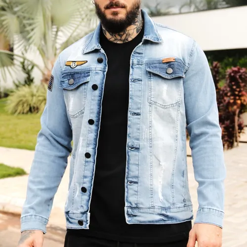 Jaqueta Jeans Masculina Destroyed Com Patches Bordados