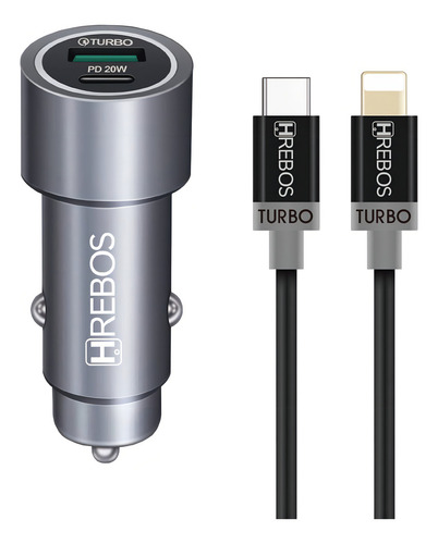 Carregador Hrebos Veicular Duplo Pd 20w Turbo + Cabo Para iPhone Lightning x Tipo C