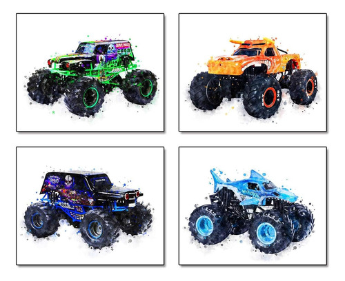 Juego De 4 Pinturas Artísticas Con Temática De Monster Truck