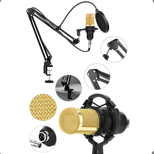 Kit Microfone ManoThor Condensador Bm800 Profissional Padrão Polar Unidirecional Suporte anti-choque Cabo XLR Fêmea X P2 Pop Filter Braço Articulado Prendedor Espuma Proteção Gravação Podcast