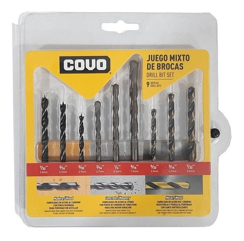 Juego Mechas Brocas 9 Unidades Madera Concreto Metal Covo 