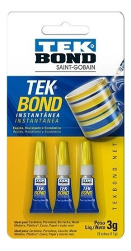 Pegamento Adhesivo Cianoacrilato Instantaneo Tekbond 3 X 1g Color Blister Amarillo y Azul