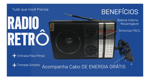 Radio Antigo Retro Bluetooth Am/fm Com Antena Potente Cabo De Energia Bateria Recarregável Usb Cartão