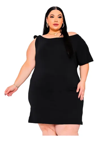Vestido Preto Plus Size Detalhe Na Manga Curto Ver o Festa