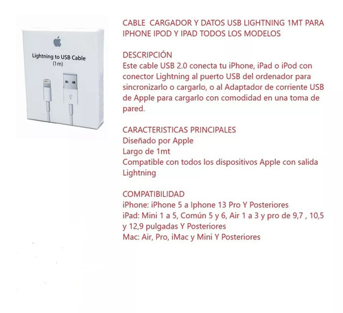 Cable Cargador Lightning 1 Metro Compatible iPhone iPad