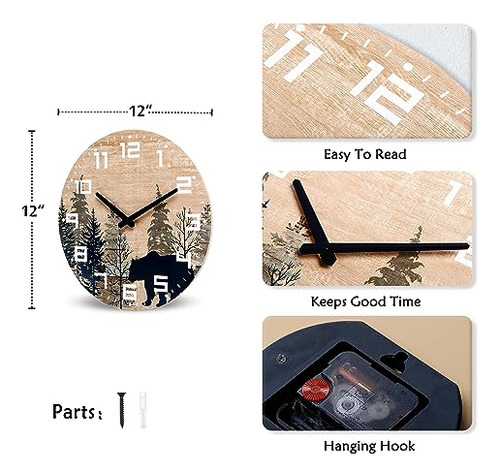 Reloj De Pared Rústico De Oso Silencioso Y Sin Tictac 30 C