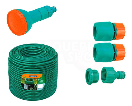 Combo Riego Manguera 30m Con Irrigador Y Acoples Tramontina
