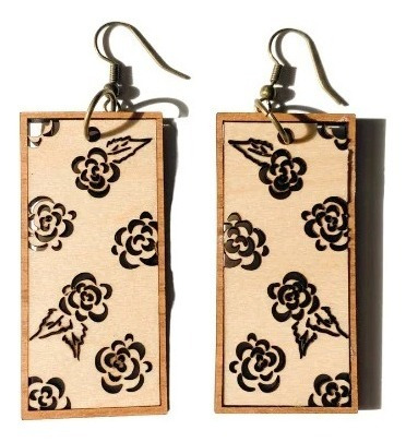 Aros Zarcillos Pendientes Floral Capullo De Rosas De Madera