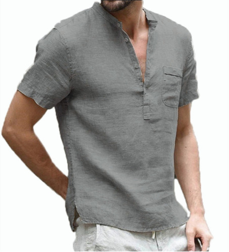 Camisa Cuello Mao Lino Hombre Casual Manga Corto Slim Fit