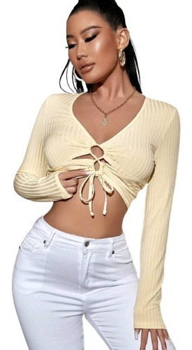 Crop Top Beige Amarillo Claro Manga Larga Tela Acanalada