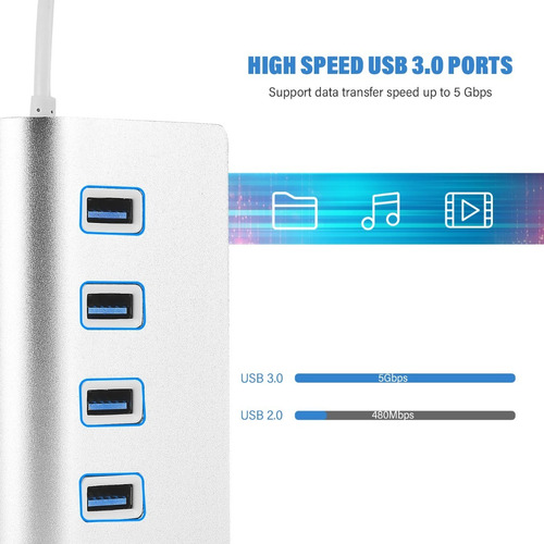 Imagen 5 de 8 de Hub Multipuerto Usb 4 Puertos 3.0 Para iMac O Pc, Plateado