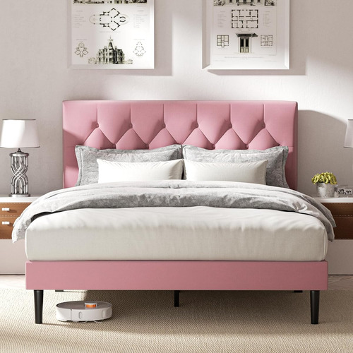 Bed Frame Sismplly Matrimoniall Tapizada Color Rosa