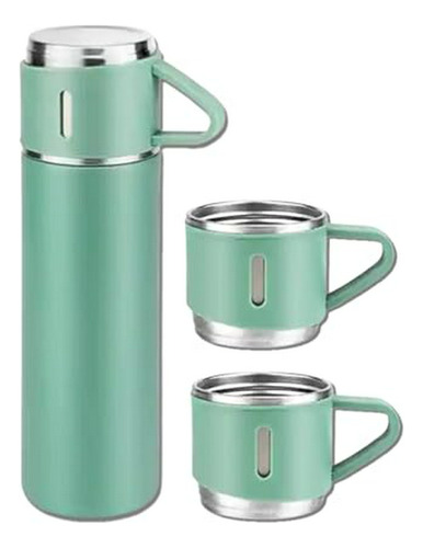 Set De Botella Termo Verde Con 3 Tazas, 500 Ml