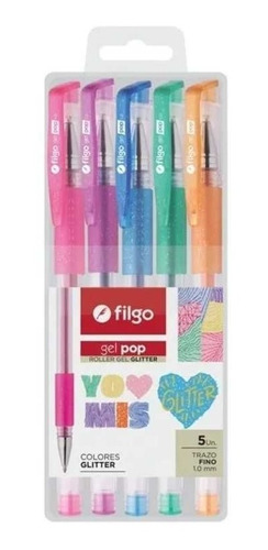 Estuche X 5 Colores Roller Filgo Gel Pop Glitter Trazo 1 Mm