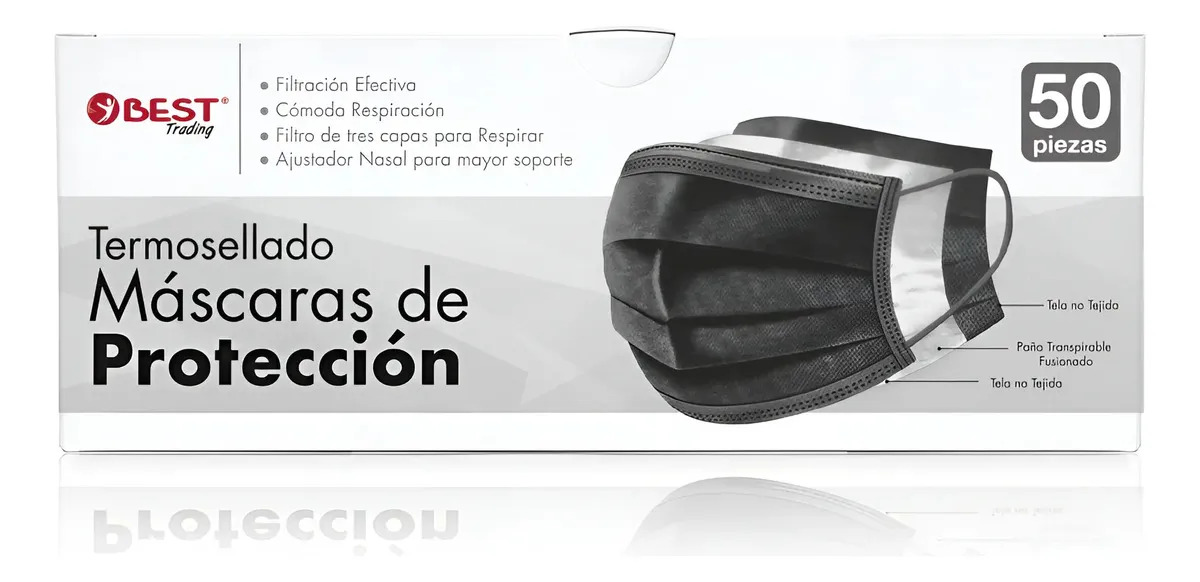 50 Cubrebocas Tricapa Best Trading, Tapabocas Negro, Termosellados Con Ajustador Nasal, Transpirables y Resistentes Para Uso Diario, Oficina, Escuela y Viaje