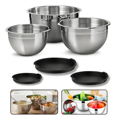 Três bowls de inox de tamanhos diferentes com tampas pretas