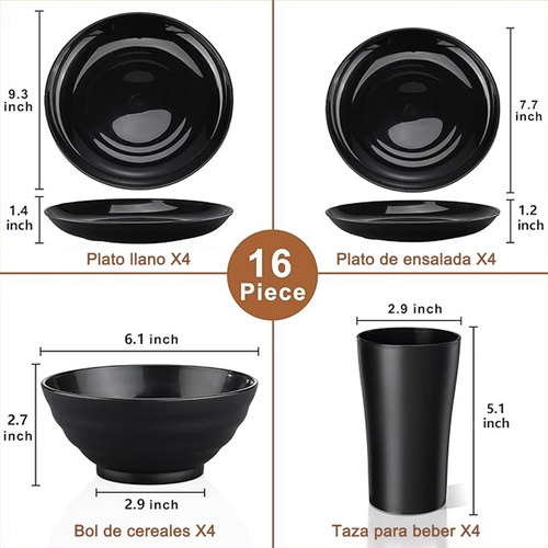 Vajilla Juego Para 4 Persons Negros Tazas Platos Cuencos 16p