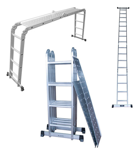 Escalera Aluminio Con Chap Articulada 4x4 Plegable Reforzada Color Gris Claro