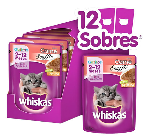 Alimento Humedo Whiskas Gatitos Carne Souffle Caja 12 Sobres