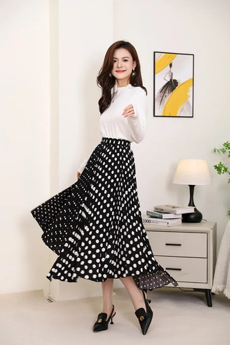 Falda Midi De Lunares Para Mujer, Plisada En A, Versátil