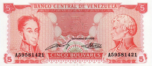 Billete 5 Bolívares 21 De Septiembre 1989 Serial A8