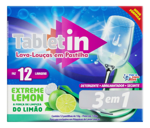 Detergente para lava-louças Tablet In Extreme Lemon 3 em 1 em pastilha limão em caixa