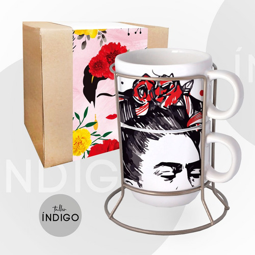 Mugs Frida Kahlo Cerámica Apilables X2 Empaque  Artesanal