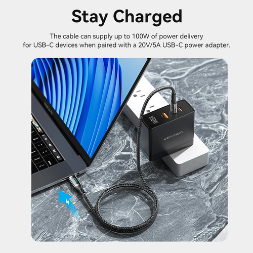 Cable Usb Tipo C Vention - Carga Rapida 5a 100w Transmision Datos 480 Mbps - 1,20 Metros Trenzado - Display Led - Para Cargador De Celular Pc Notebook / Macbook iPhone Samsung Auriculares - Taybav