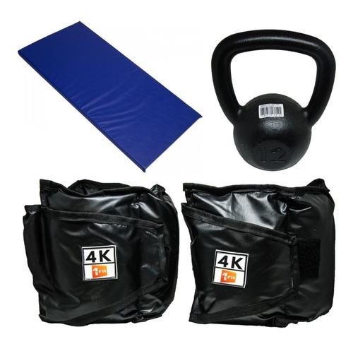 Kit Colchonete Azul+caneleira 4kg+kettlebell Pintado 12kg