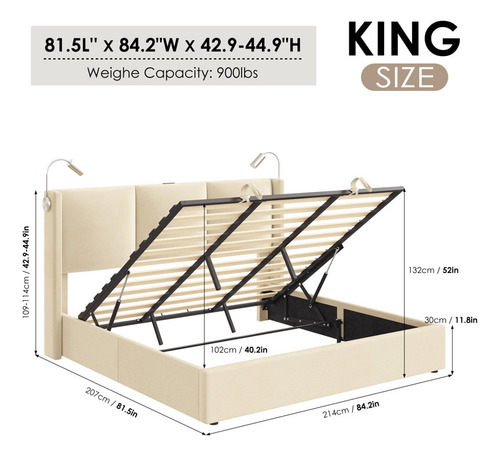 Base De Cama King Size Con 2 Luces De Lectura Color Beige