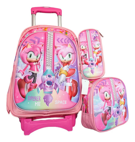 Mochila Sonic Primaria Lonchera + Lapicera + Carrito Kit X 3