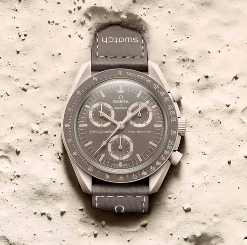 Relógio Swatch X Omega Moonswatch Speedmaster Desert Crono Correia Bege Bisel Bege Fundo Bege
