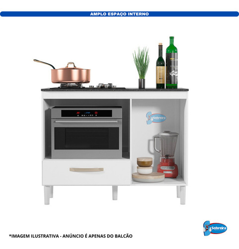 Balcão De Cozinha Compacto Évora Para Cooktop 4 E 5 Bocas Com 1 Gaveta E 1 Porta E Nicho Para Forno Multifuncional Cor Branco Sobreira Móveis