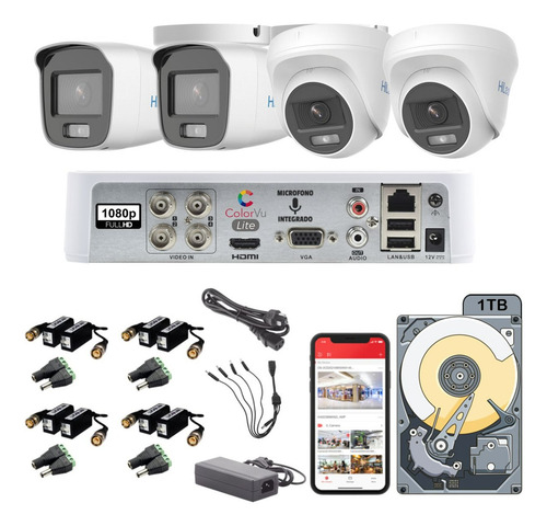 Kit Cctv Hilook Colorvu Audio 4 1080p Domo-bala Baluns 1tb Color Blanco