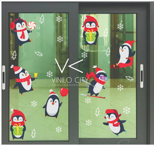 Vinil Decorativo Pingüinos Copos De Nieve Arbolitos 100pz