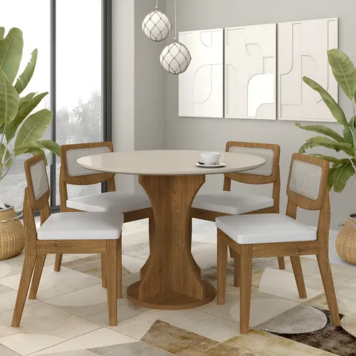 Conjunto Mesa Redonda De Jantar 4 Cadeiras MDF Off Freijó