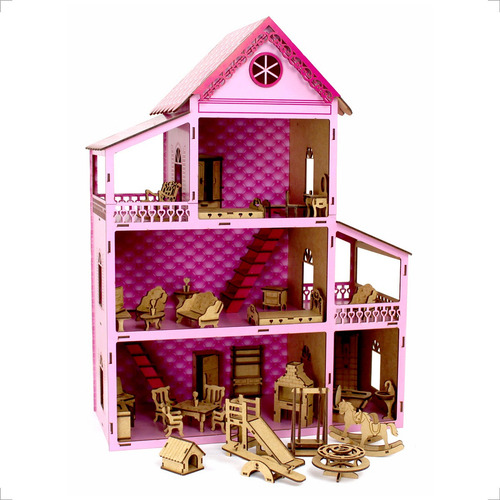 Casinha De Boneca Adesivo + 36 Móveis Montados - MDF Criativa