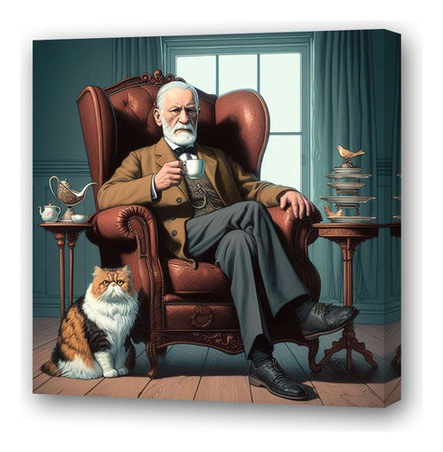 Cuadro 30x30cm Freud Psicologia Con Un Gato En Sillon