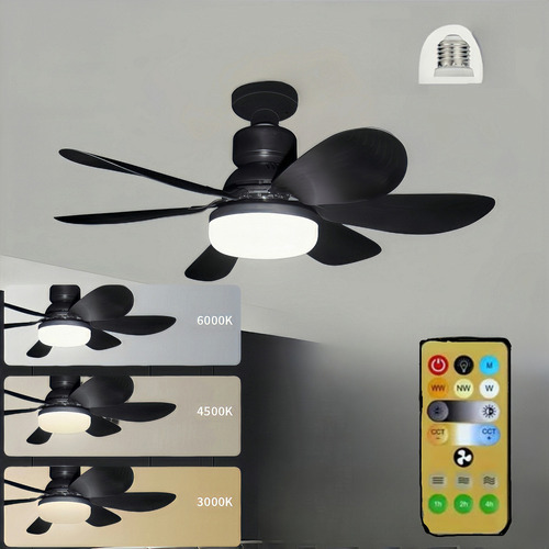 Fofodio Lámpara Ventilador Techo Con Luz Led Control Remoto Focos Ventiladores Techo Cantidad De Aspas 6 Estructura Negro Diámetro 52 Cm Aspas Ventilador Accord Base Para Foco E27