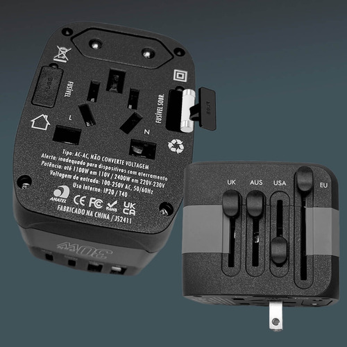 Adaptador De Tomada Universal 150 Paises Usb +tipo-c 30w