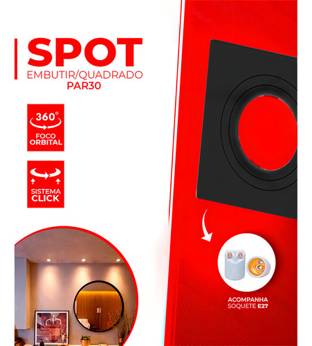 Spot Embutir Quadrado Face Plana Par30 E27 Biv Pr Cor Preto 127/220V